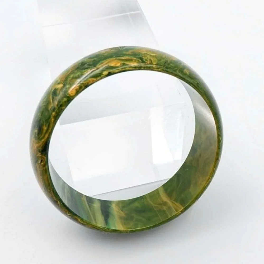 Vintage Bakelite Green Yellow Marbled Bangle Bracelet Tested